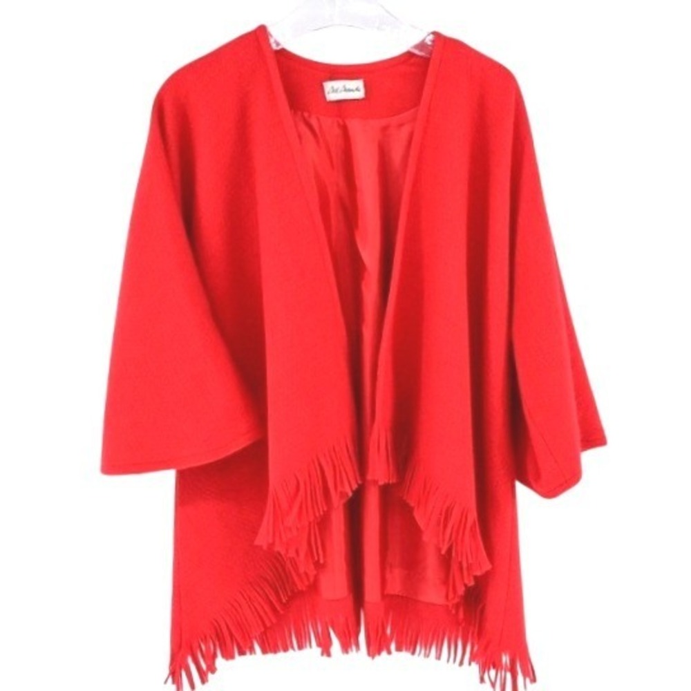 Vintage Red Wool Blend Country Fringe Cardigan Jacket Shawl Bohemian Retro